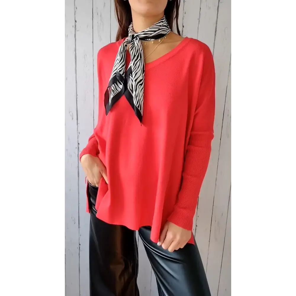 Knit Long-Sleeve V-Neck Blouse – Delia – Red