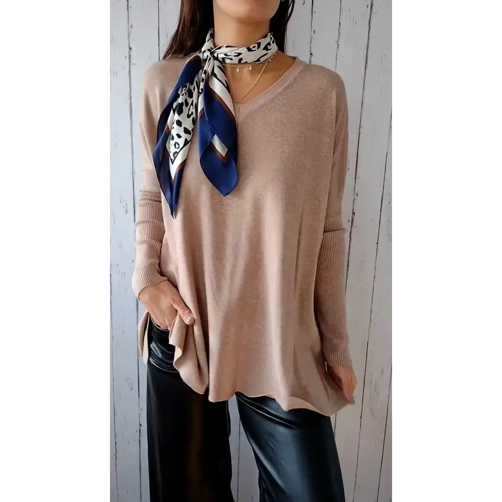 Knit Long-Sleeve V-Neck Blouse – Delia – Apricot