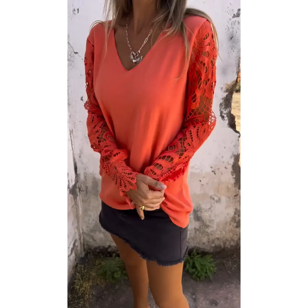 Openwork Patchwork V-Neck Blouse – Rose – Orange