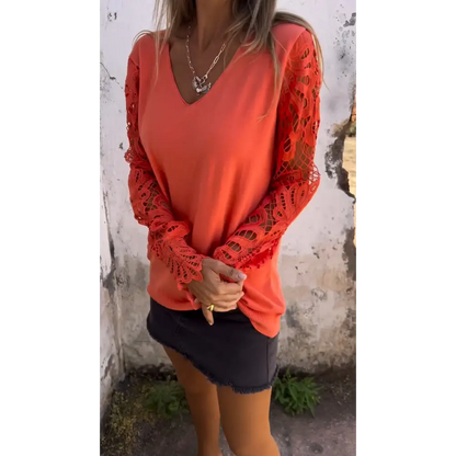 Openwork Patchwork V-Neck Blouse – Rose – Orange