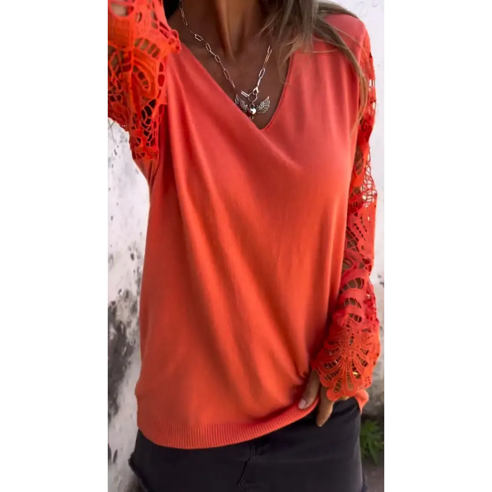 Openwork Patchwork V-Neck Blouse – Rose – view 3
