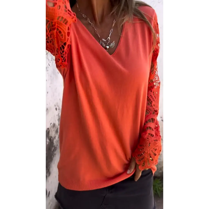 Openwork Patchwork V-Neck Blouse – Rose – view 3