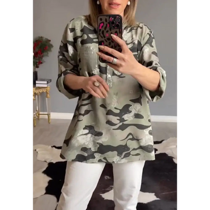 Printed V-Neck Blouse – Kassidy – Military Green