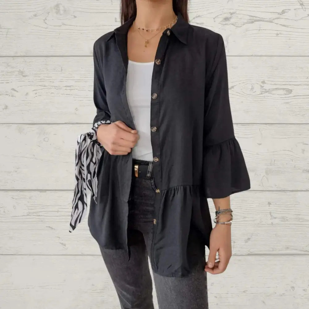 Women's Casual Lapel Shirt with Flare Sleeves – Iris – Black