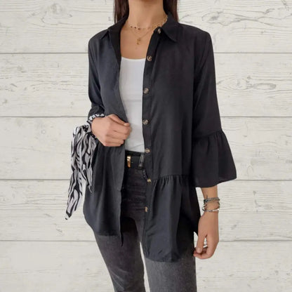 Women's Casual Lapel Shirt with Flare Sleeves – Iris – Black