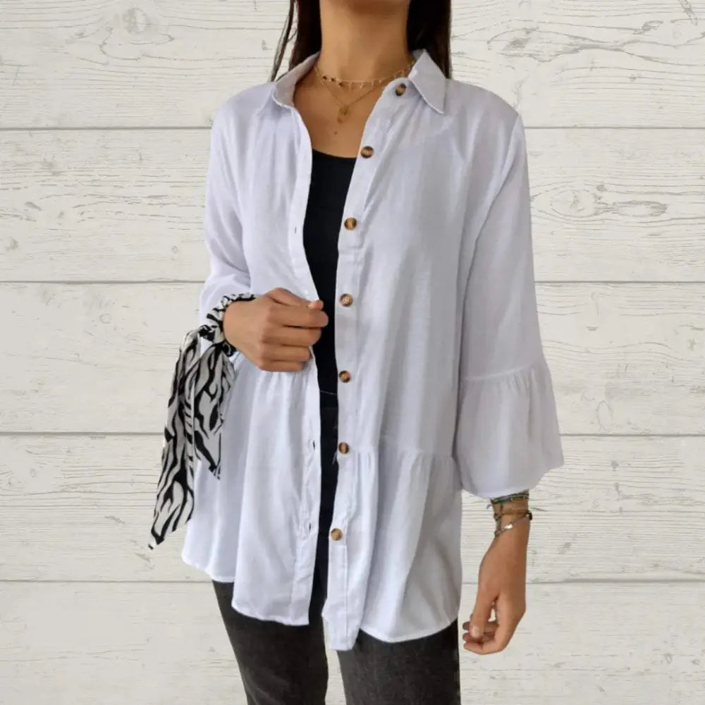 Women's Casual Lapel Shirt with Flare Sleeves – Iris – White