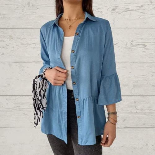 Women's Casual Lapel Shirt with Flare Sleeves – Iris – Blue