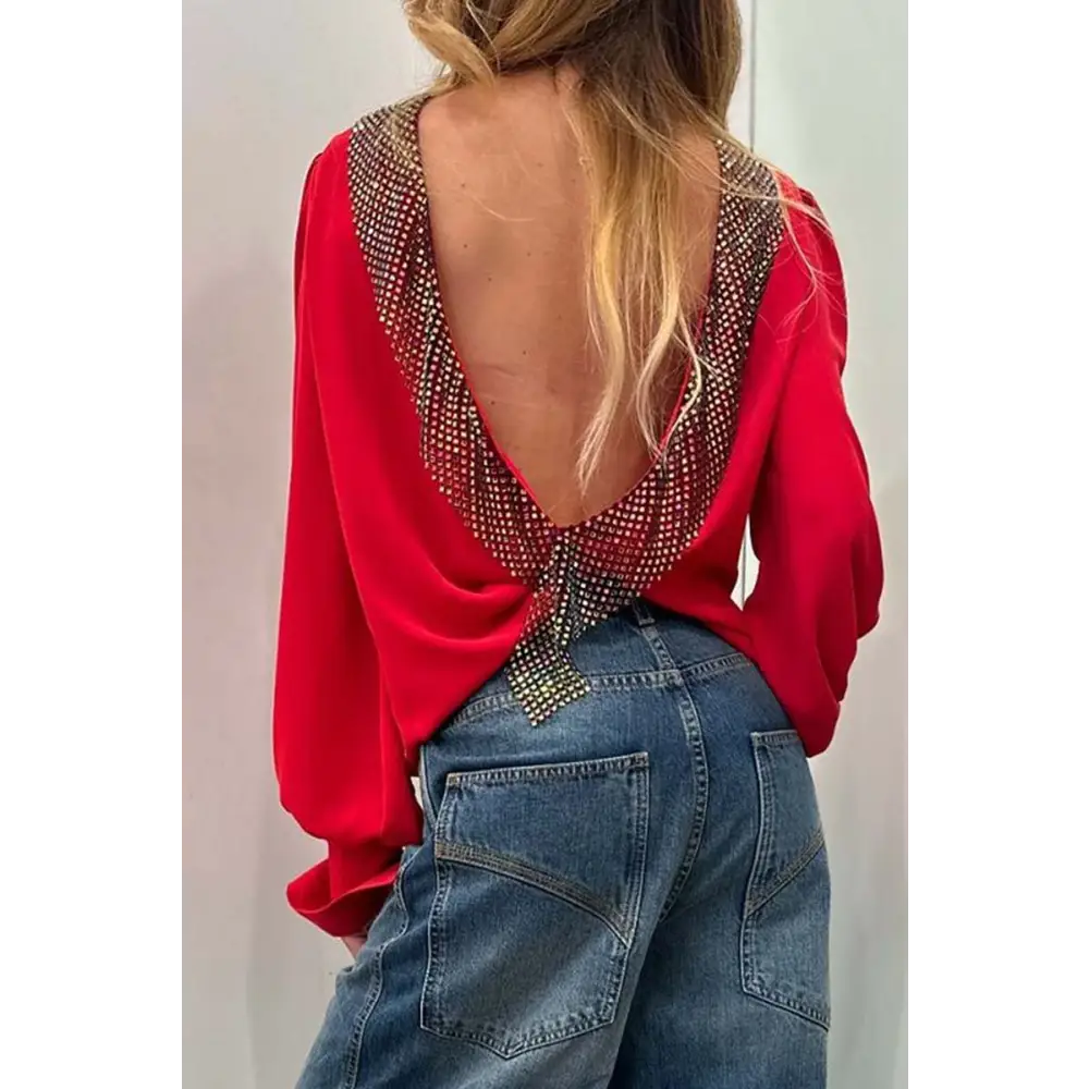 Women's Open-Back Blouse with Rhinestone Detail – Emory – Red