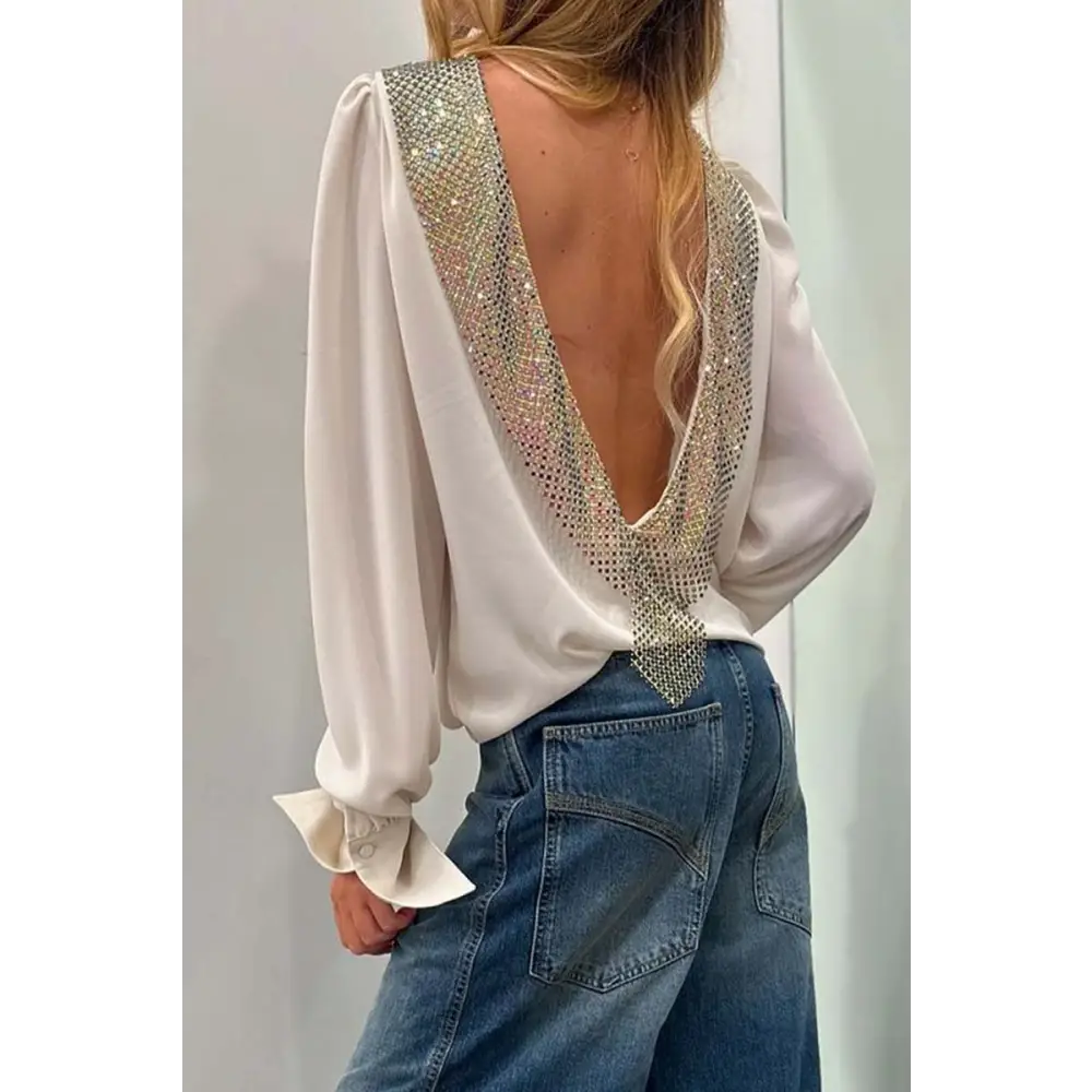 Women's Open-Back Blouse with Rhinestone Detail – Emory – White