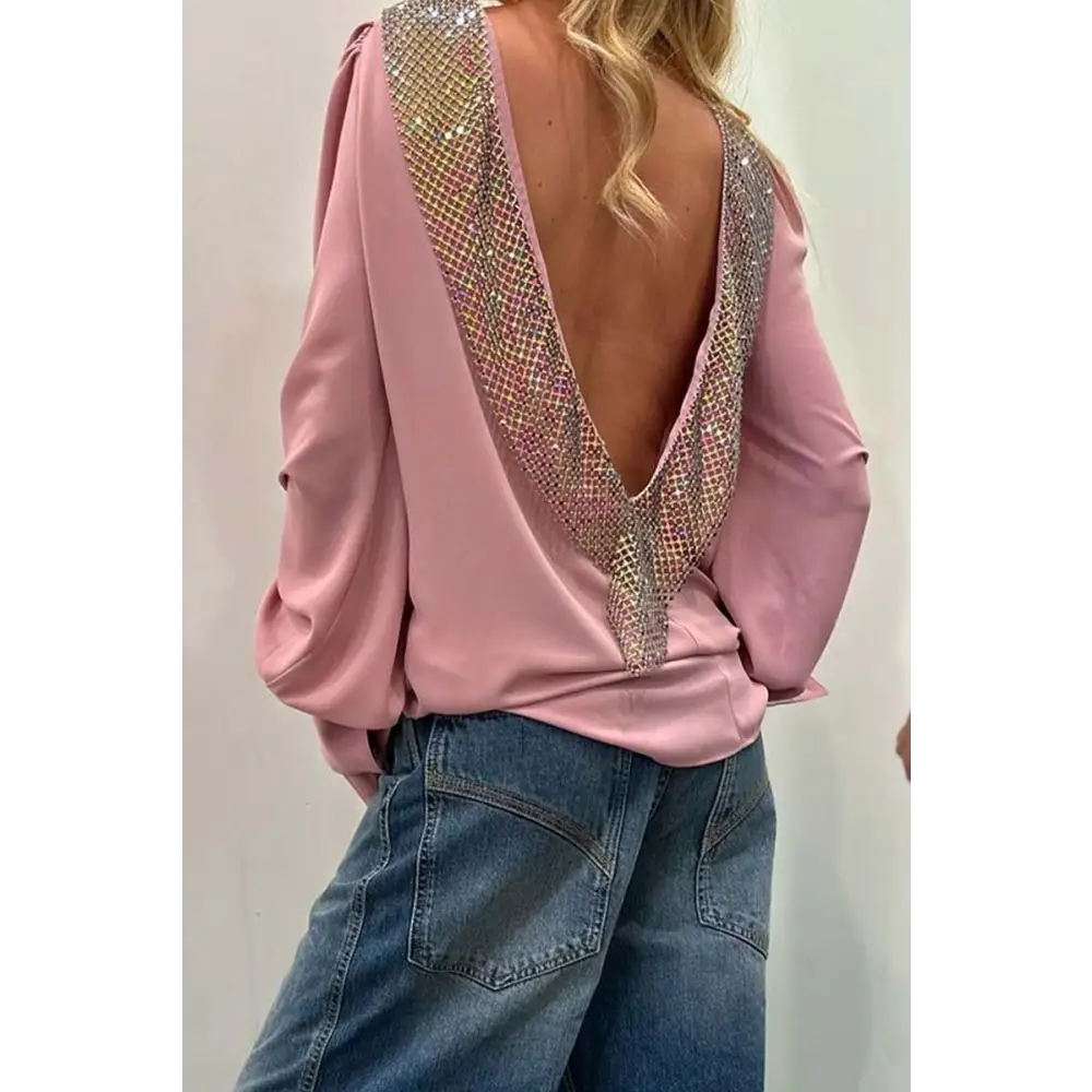 Women's Open-Back Blouse with Rhinestone Detail – Emory – Pink