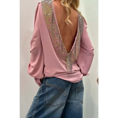 Women's Open-Back Blouse with Rhinestone Detail – Emory – Pink