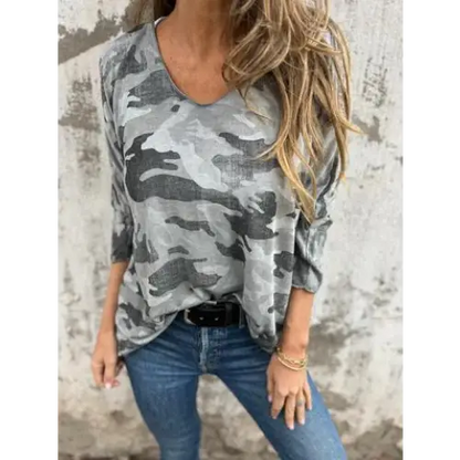 Women's Camo-Print Long-Sleeve Blouse – Ariadne – Gray