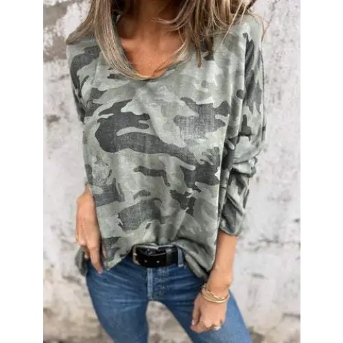Women's Camo-Print Long-Sleeve Blouse – Ariadne – Green