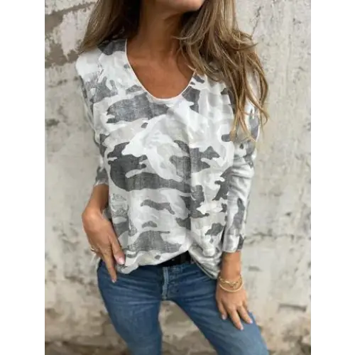 Women's Camo-Print Long-Sleeve Blouse – Ariadne – White