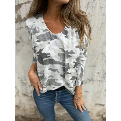 Women's Camo-Print Long-Sleeve Blouse – Ariadne – White
