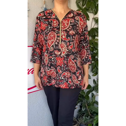 Women's Paisley-Print Long-Sleeve Blouse with Zipper – Halle – Red