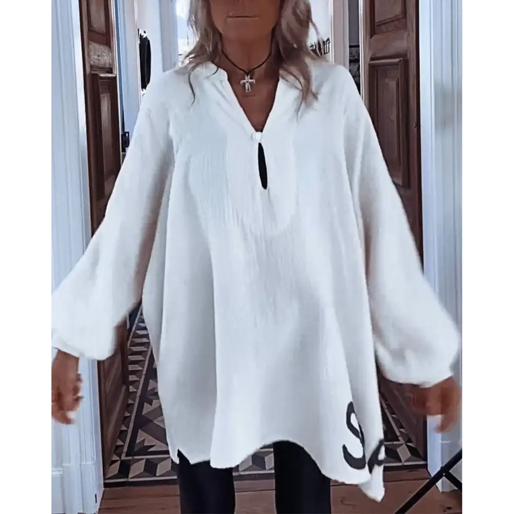 Women's Cotton-Linen V-Neck Blouse with Lettering – Rosalind