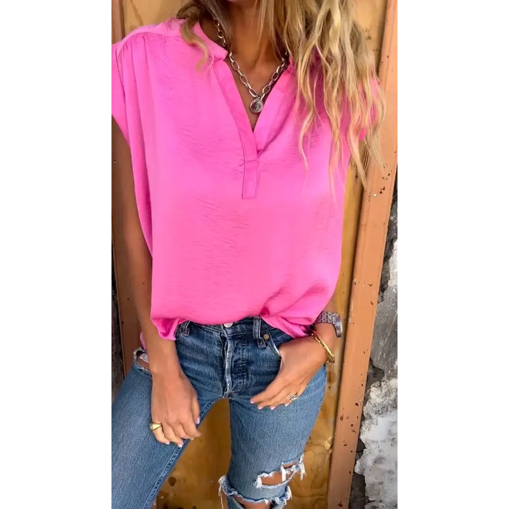 Relaxed Short-Sleeve V-Neck Blouse – Noa – Pink