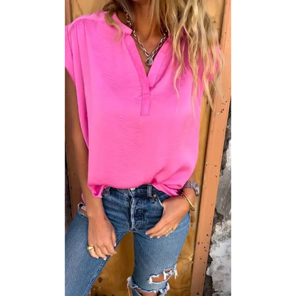 Relaxed Short-Sleeve V-Neck Blouse – Noa – Pink