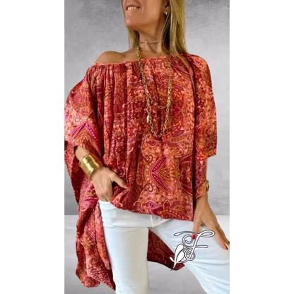Relaxed Drop-Shoulder Blouse with Batwing Sleeves – Zephyra – Red