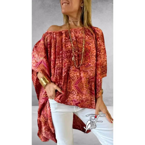 Relaxed Drop-Shoulder Blouse with Batwing Sleeves – Zephyra – Red