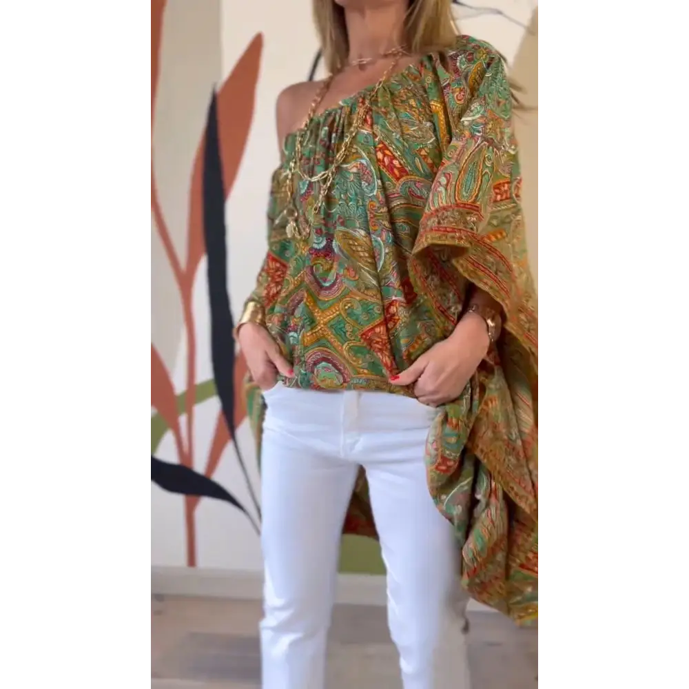 Relaxed Drop-Shoulder Blouse with Batwing Sleeves – Zephyra – Apricot