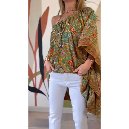Relaxed Drop-Shoulder Blouse with Batwing Sleeves – Zephyra – Apricot