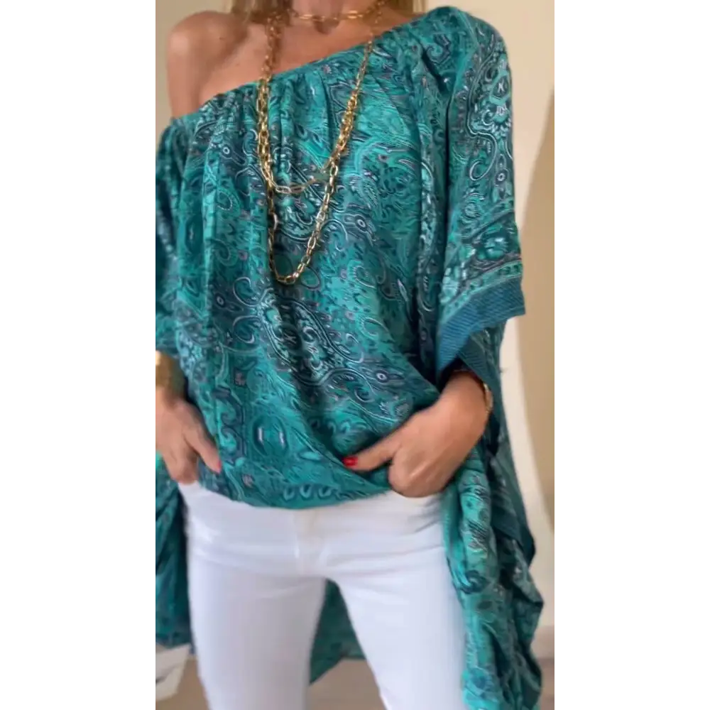 Relaxed Drop-Shoulder Blouse with Batwing Sleeves – Zephyra – Blue
