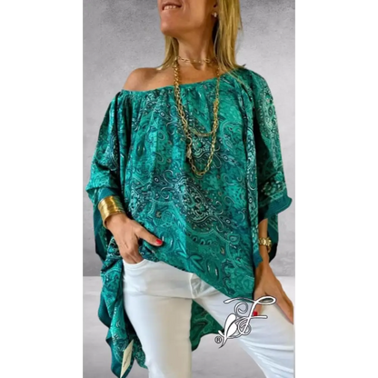 Relaxed Drop-Shoulder Blouse with Batwing Sleeves – Zephyra – Turquoise