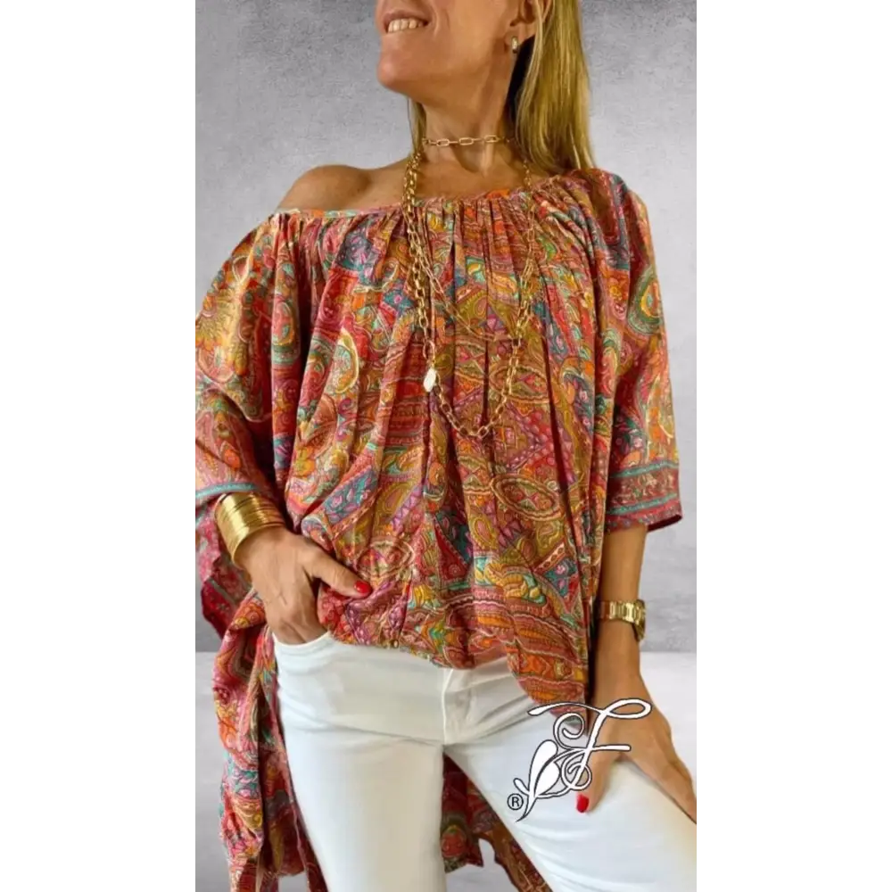 Relaxed Drop-Shoulder Blouse with Batwing Sleeves – Zephyra – Orange