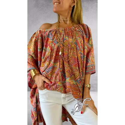 Relaxed Drop-Shoulder Blouse with Batwing Sleeves – Zephyra – Orange