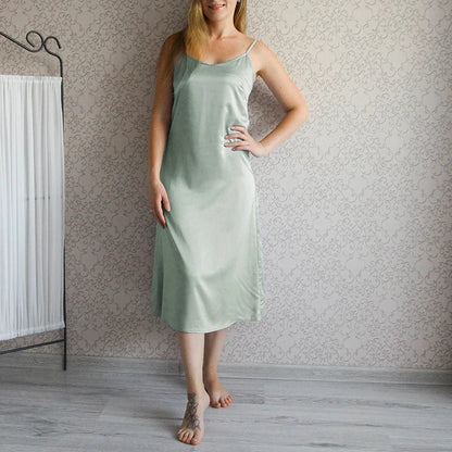 Satin Spaghetti-Strap Dress – Dina – Green