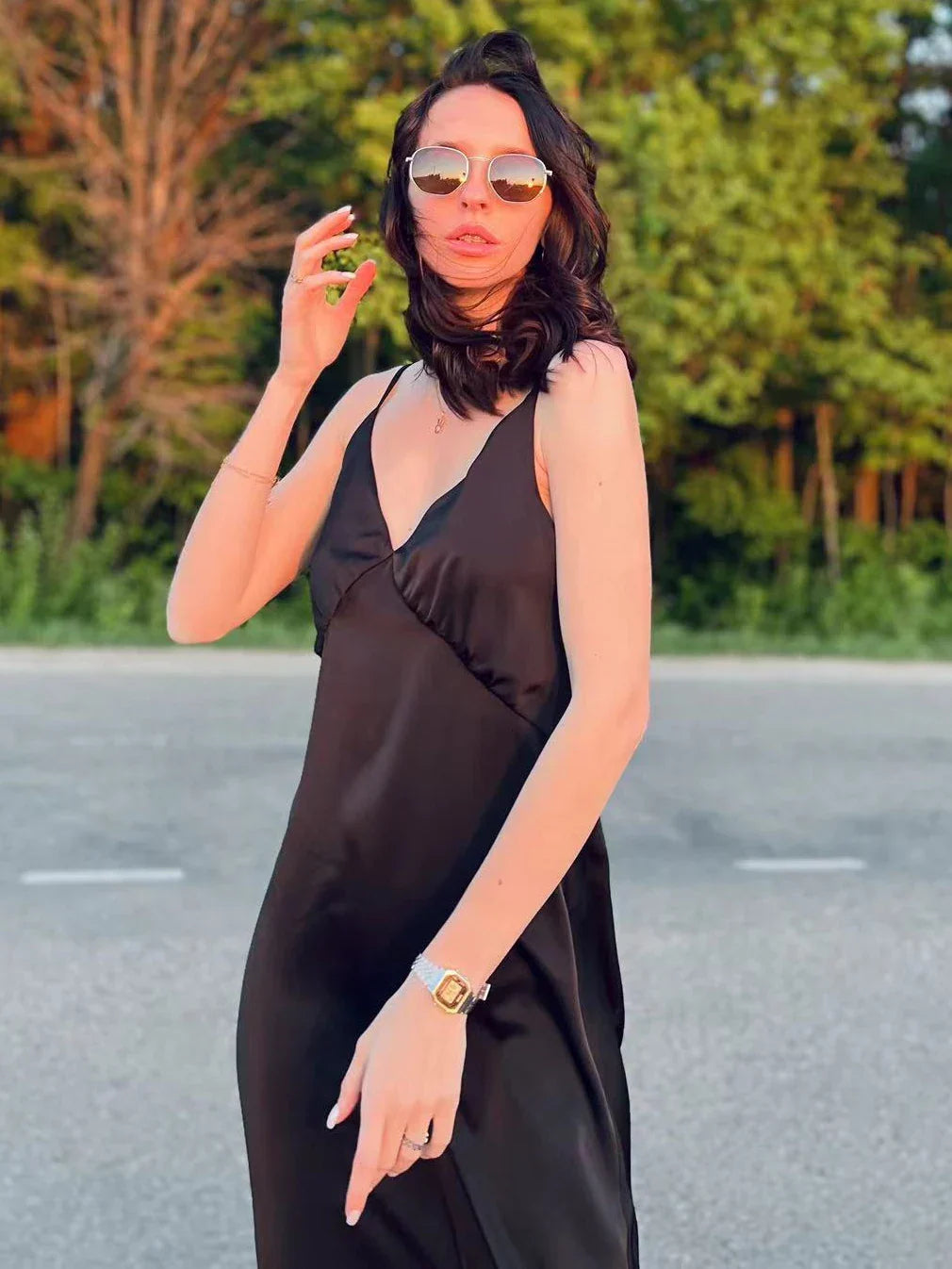 Satin V-Neck Spaghetti-Strap Dress – Anna – view 3