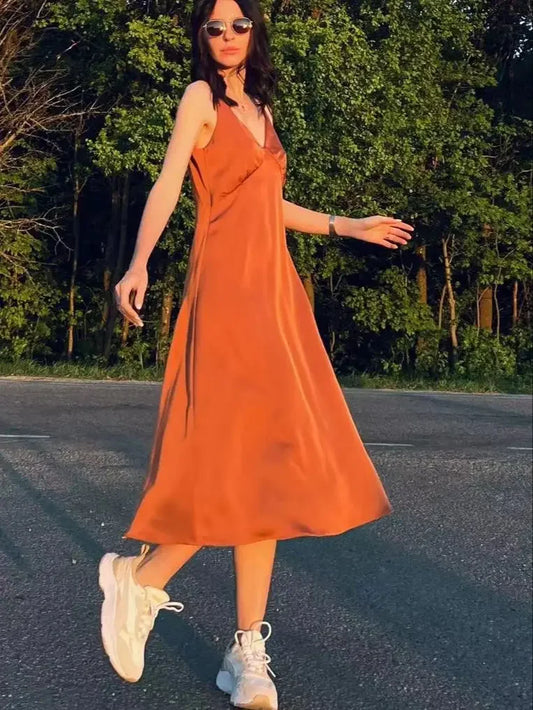 Satin V-Neck Spaghetti-Strap Dress – Anna