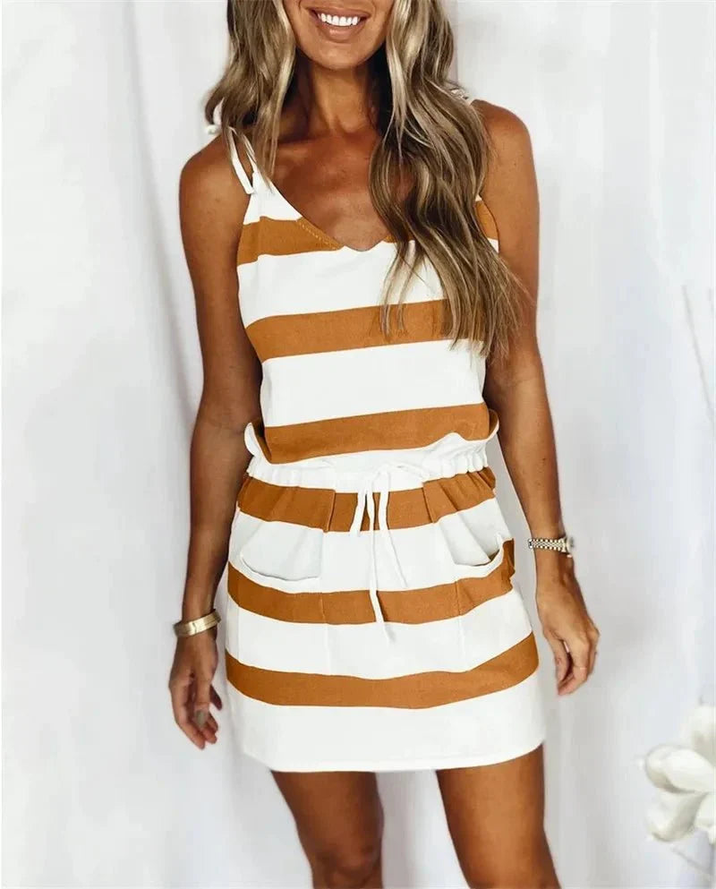 Women's Striped Tank Dress with Straps and Pocket – Anaia – Yellow