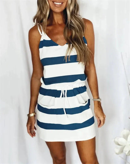 Women's Striped Tank Dress with Straps and Pocket – Anaia – Blue Stripe