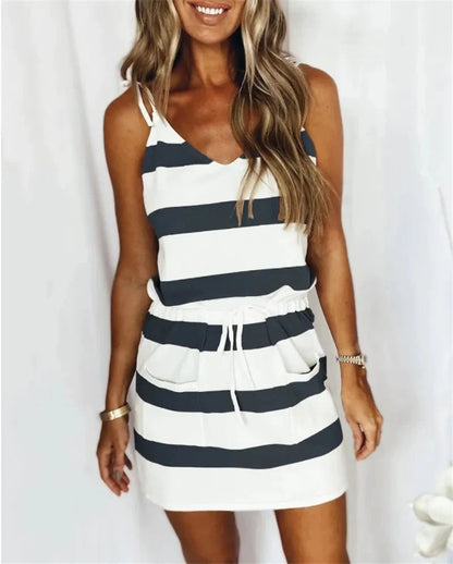 Women's Striped Tank Dress with Straps and Pocket – Anaia – Black