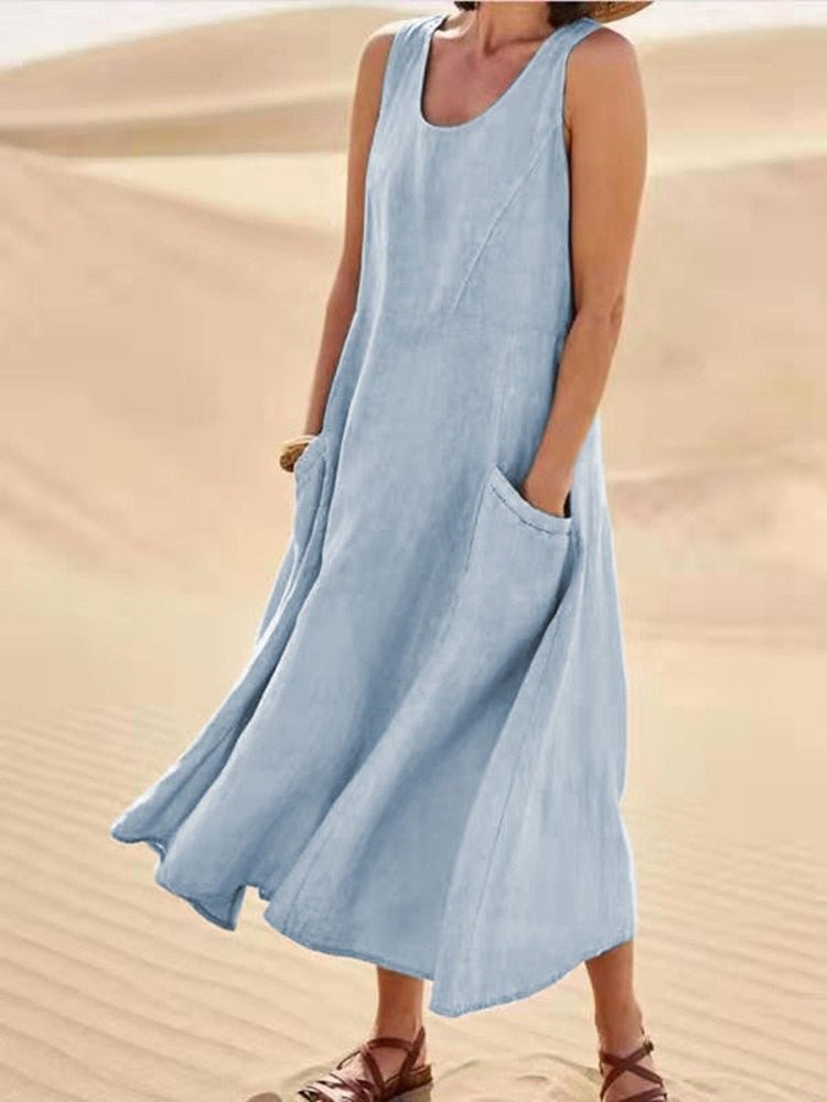 Women's Long Linen Tank Dress – Helene – Blue