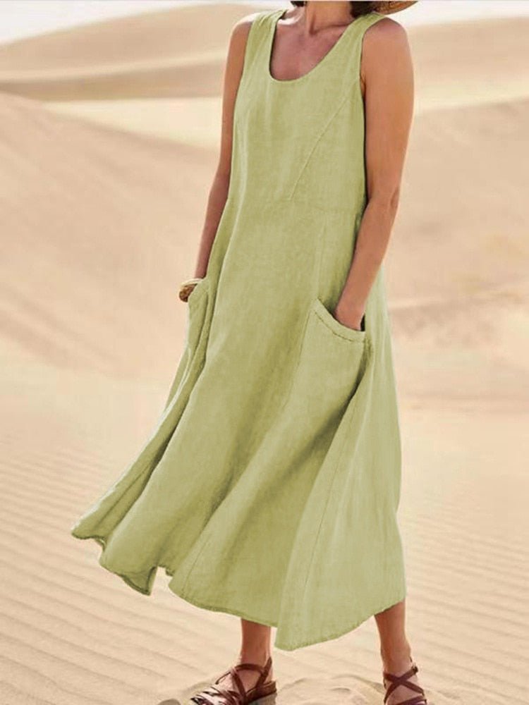 Women's Long Linen Tank Dress – Helene – Light Green