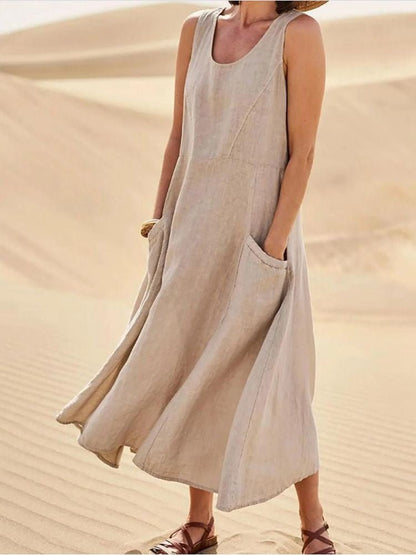 Women's Long Linen Tank Dress – Helene – Khaki
