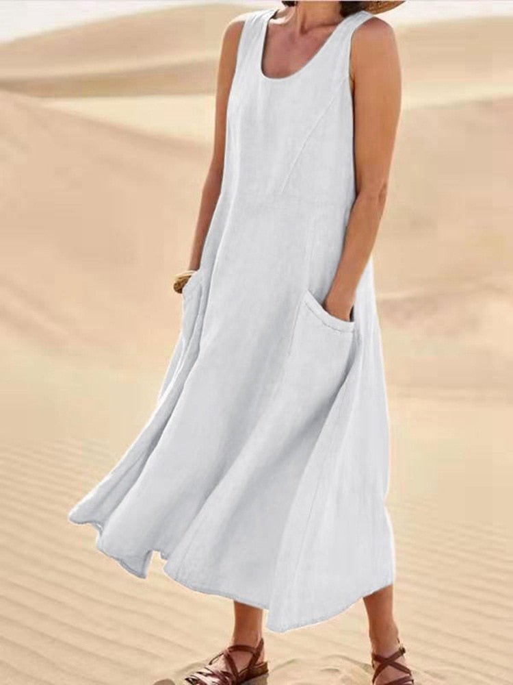 Women's Long Linen Tank Dress – Helene – White