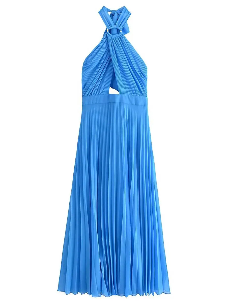 Crossover-Neck Dress – Alina – Blue