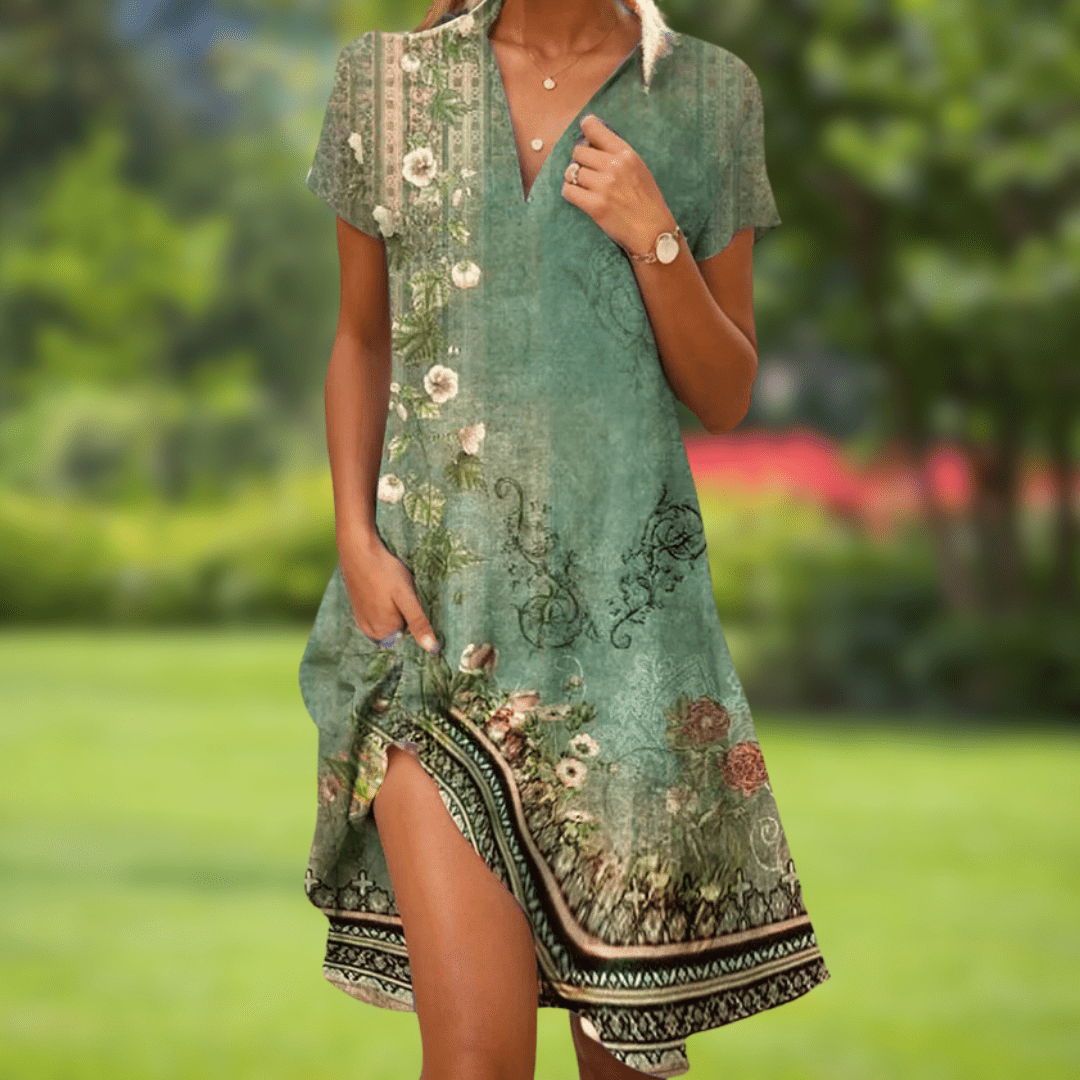 Printed V-Neck Dress – Florence – Green