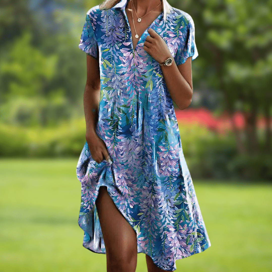 Printed V-Neck Dress – Florence – Light Blue