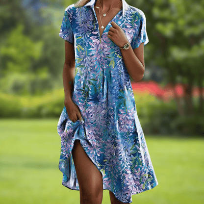 Printed V-Neck Dress – Florence – Light Blue