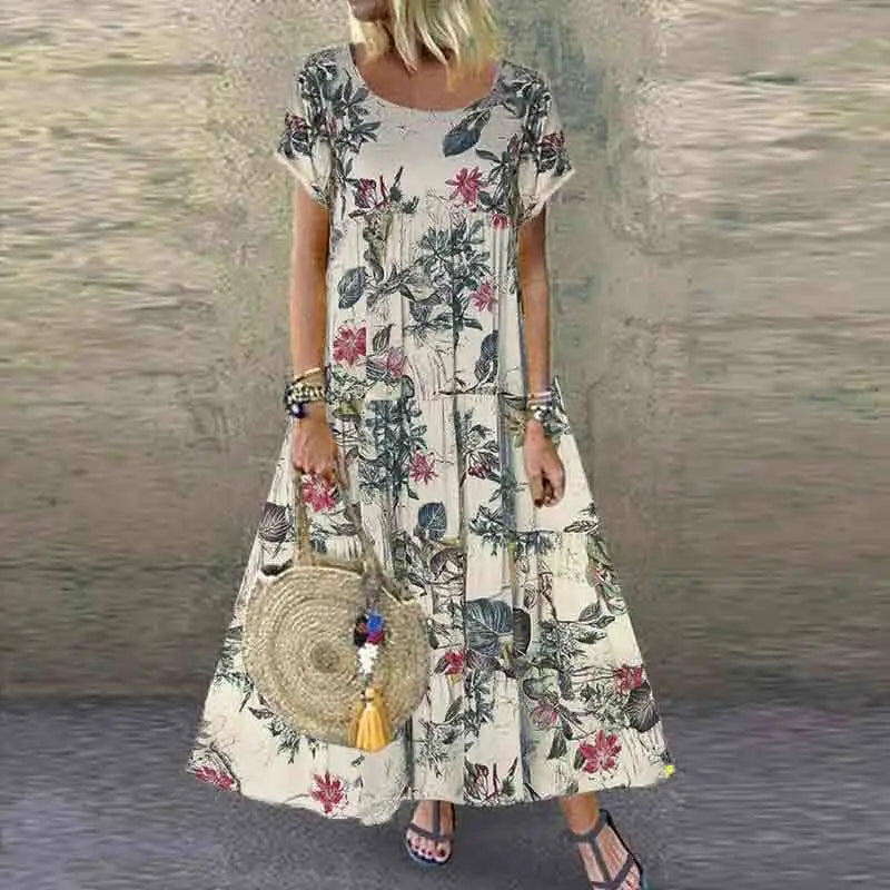 Long Printed Dress – Klara – Beige