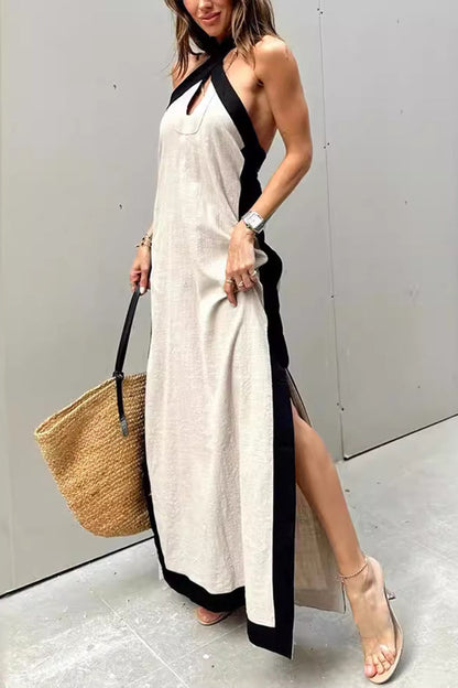 Women's V-Neck Dress with Slit – Gilda – Beige