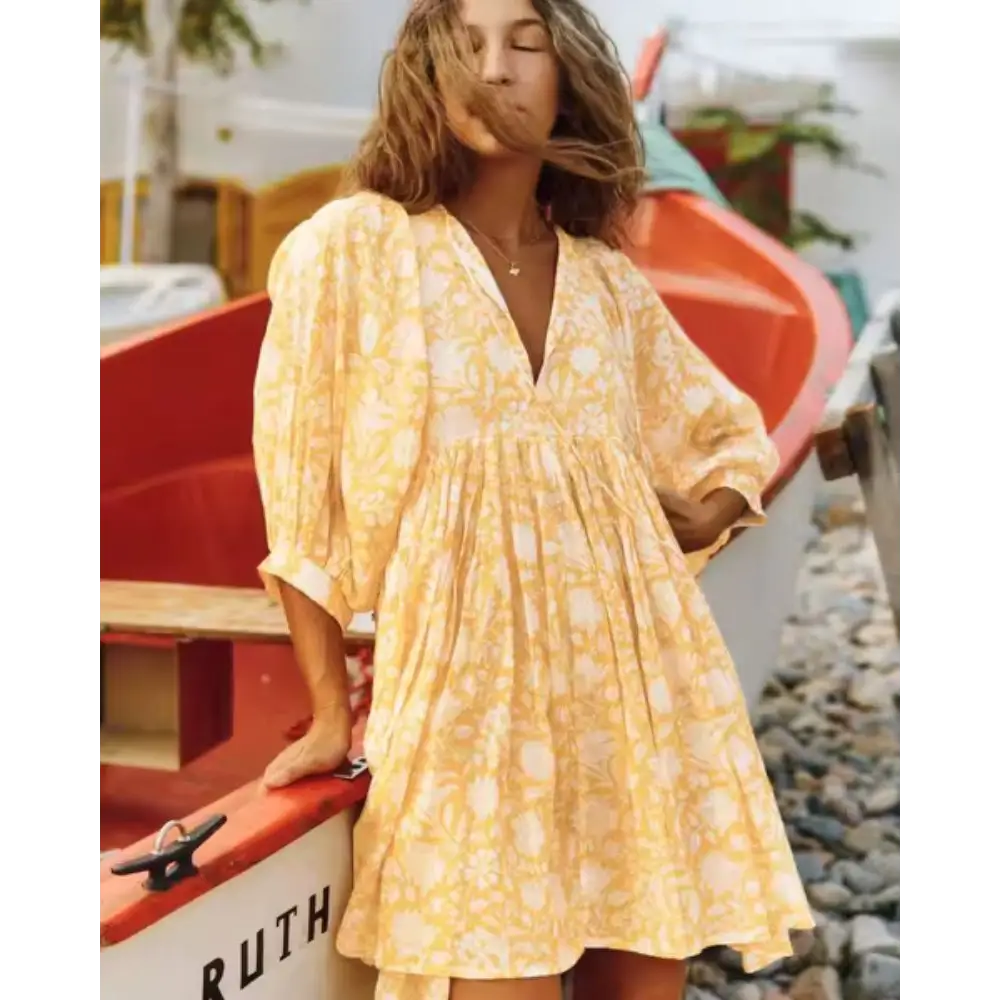 Women's Short Printed Dress – Mari – Yellow