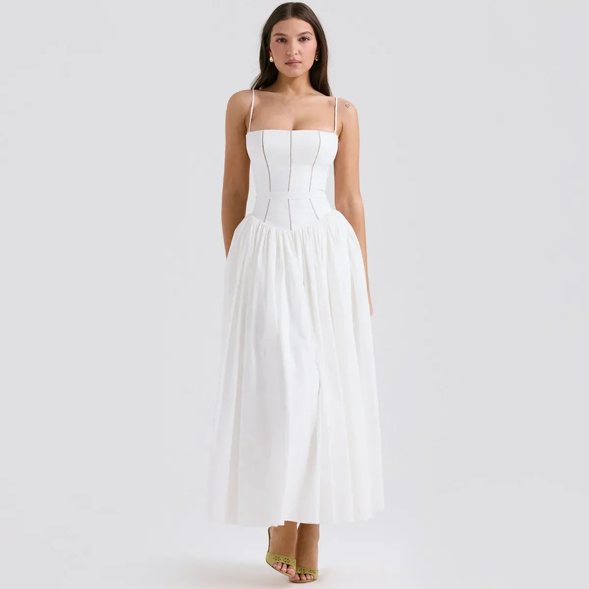 Long Corset Dress with Spaghetti Straps – Rosetta – White