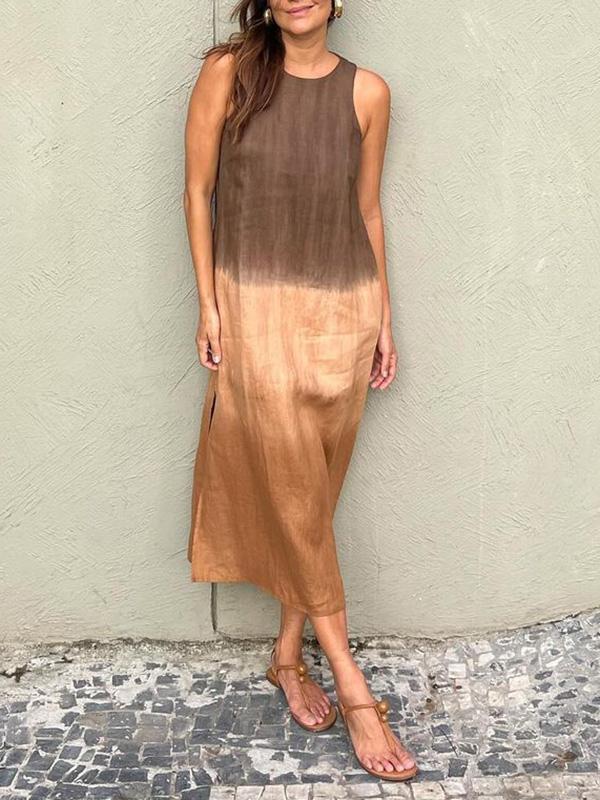 Women's Long Ombré Tie-Dye Dress with Slit – Lark – Brown